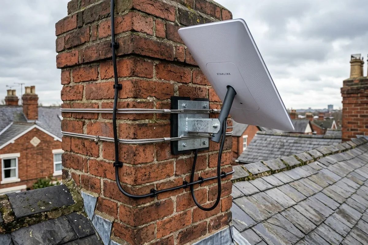 Starlink dish on roof in Wollaton on brick chimney with non-drill lashing cradle overlooking town