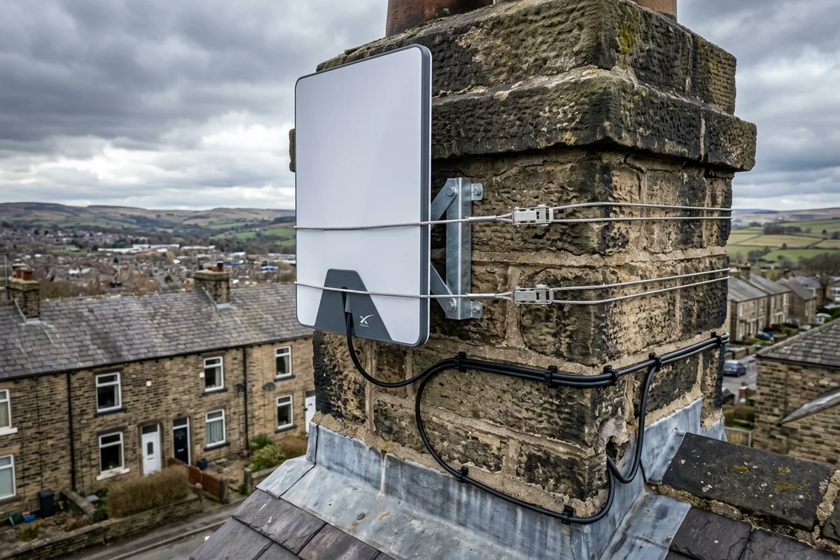 Starlink dish on roof in Yeadon on brick chimney with non-drill lashing cradle overlooking town