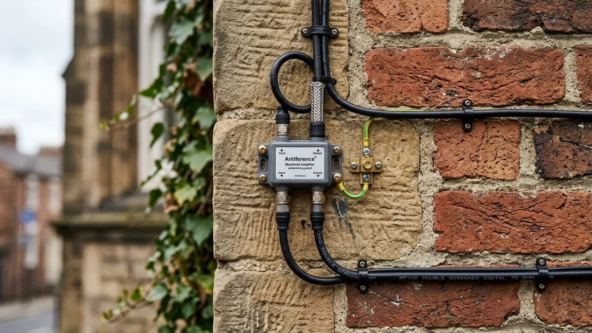 Shielded masthead amplifier and WF100 coax cable routed neatly on York masonry