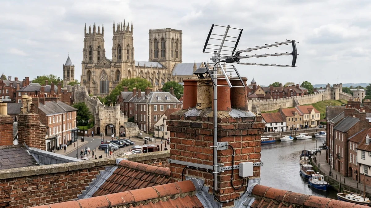 Professional digital TV aerial installation in York with high-gain benchmark aerial and heavy-duty storm bracket