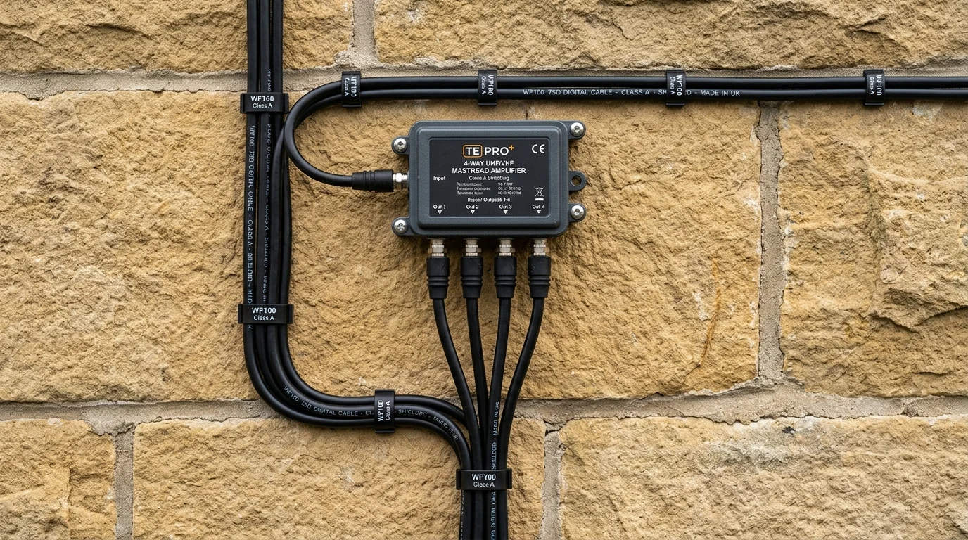 Neatly clipped UV-resistant Cat6a solid copper cable installation along mortar joints in York